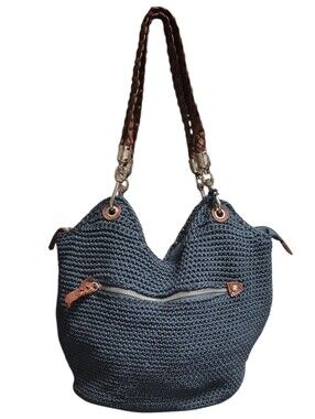 The Sak Indio Crochet Shoulder Bag Blue Woven Tote Brown Braided Straps
